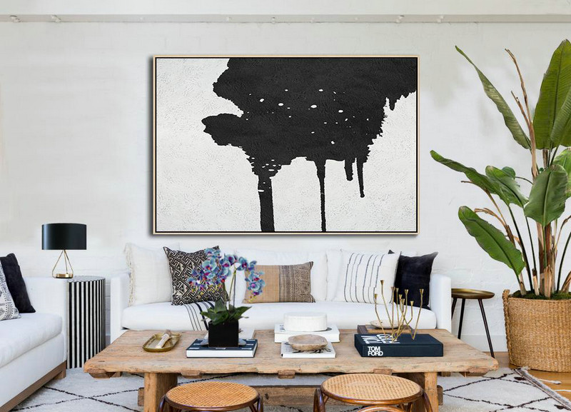 Artwork For Sale,Oversized Horizontal Minimal Art On Canvas, Black And White Minimalist Painting - Large Living Room Decor